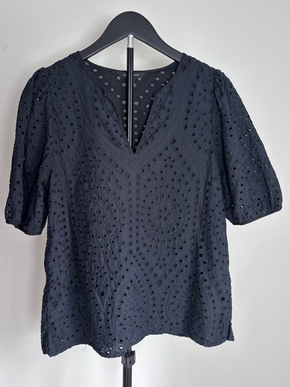 Banana Republic Black Eyelet V-Neck Puff Sleeve Top